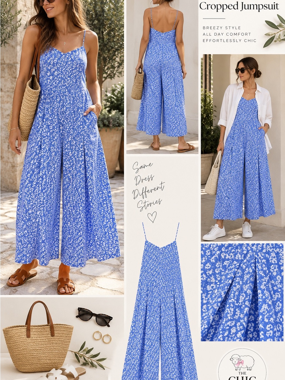Anthropologie Blue Floral Cropped Jumpsuit with Spaghetti Straps S